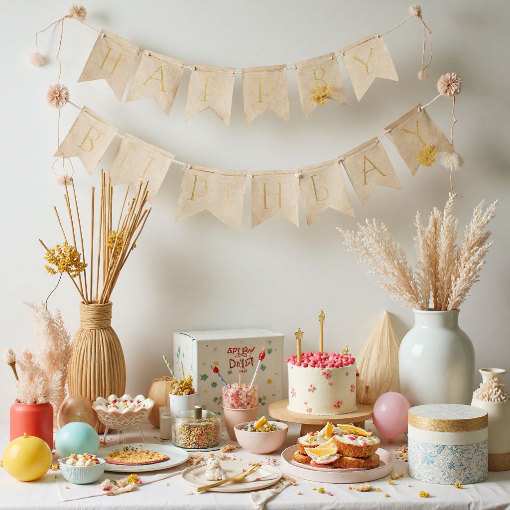 Birthday party planning materials and decorations