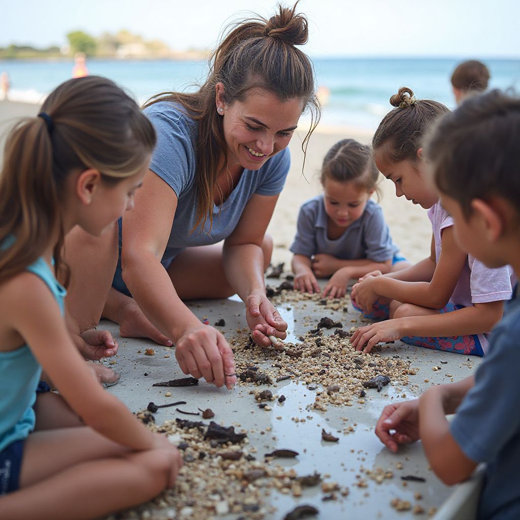 Children learning about marine life at beach workshop