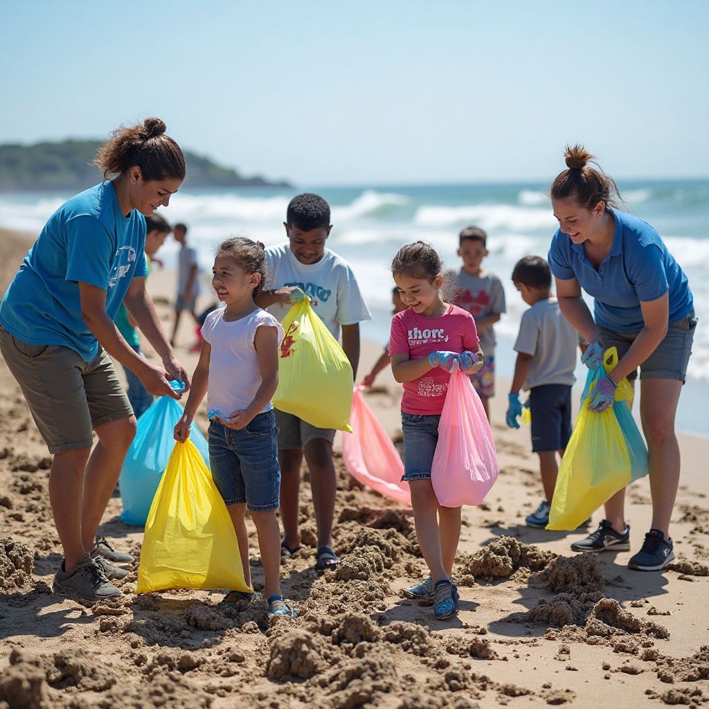 Little Surfers team participating in community beach cleanup