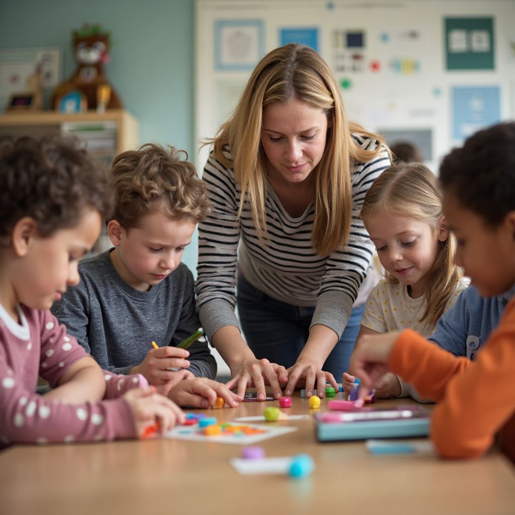 Educational specialist working with children on creative project