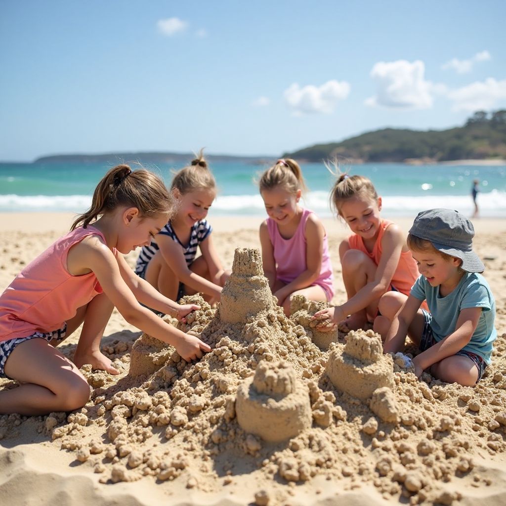 Beach day summer camp with children building sandcastles