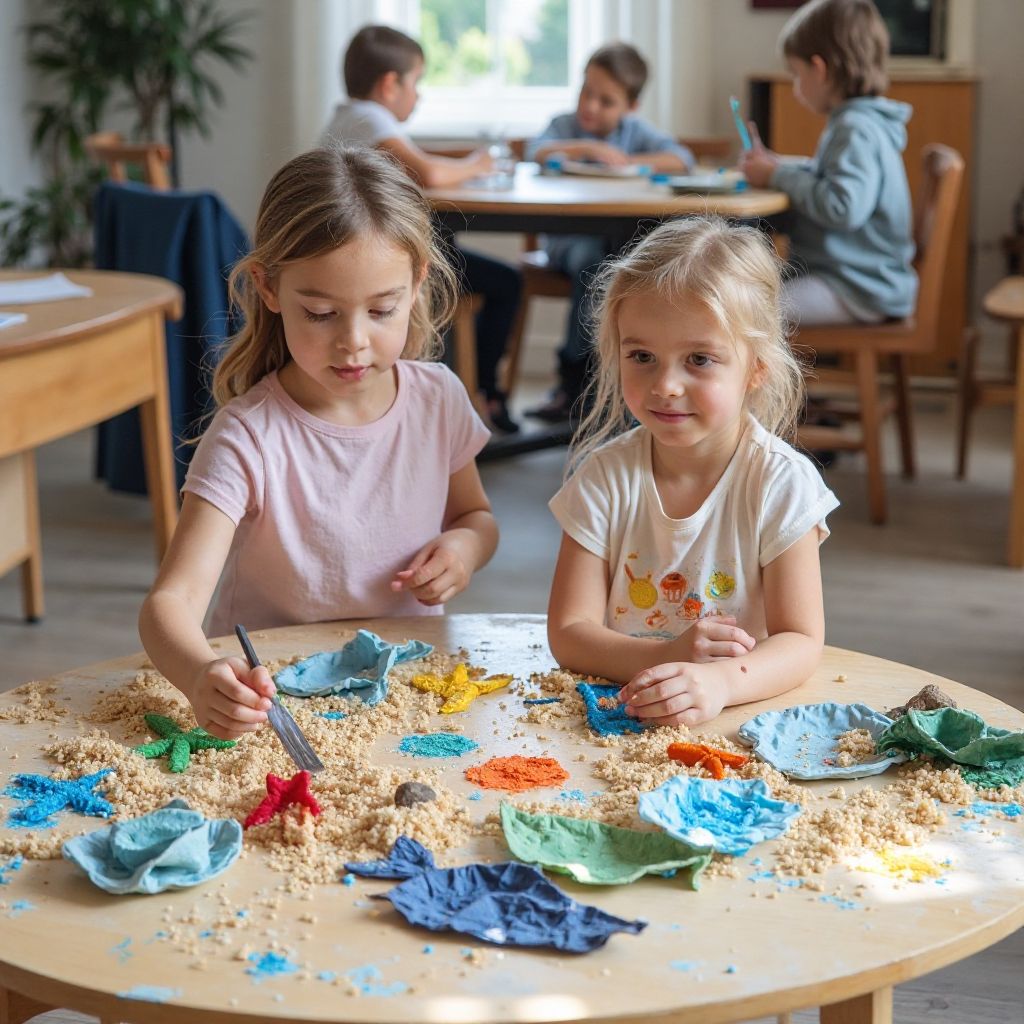 Art workshop with children creating colorful crafts